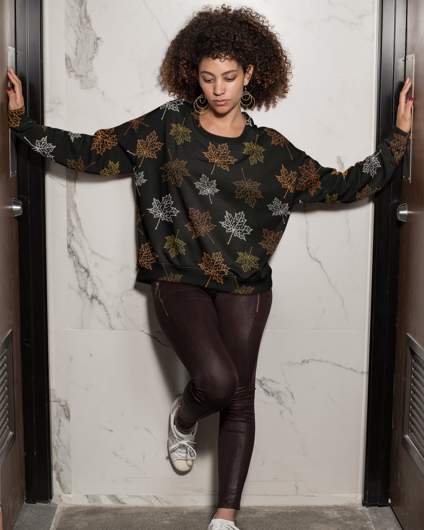Women’s Polyester Sweatshirt | Regular Fit | Round Neck | Long Sleeve | MAPLE LEAF PATTERN