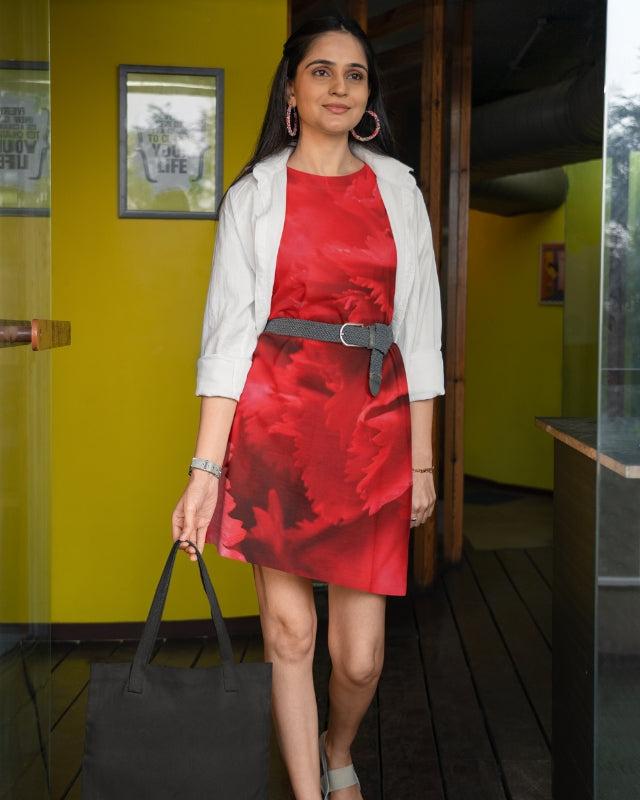 Women’s Polyster T-Shirt Dress | All Over Print | Regular Fit | Round Neck | Short Sleeve | RED CARNATION