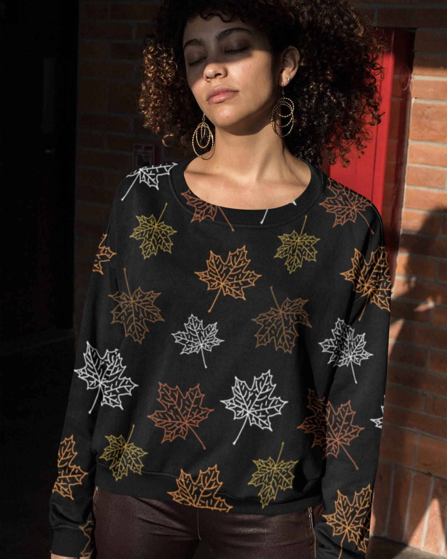 Women’s Polyester Sweatshirt | Regular Fit | Round Neck | Long Sleeve | MAPLE LEAF PATTERN