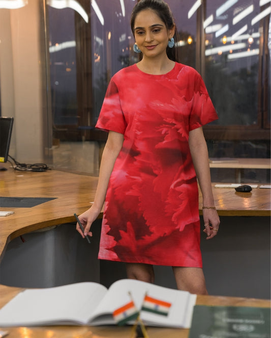 Women’s Polyster T-Shirt Dress | All Over Print | Regular Fit | Round Neck | Short Sleeve | RED CARNATION