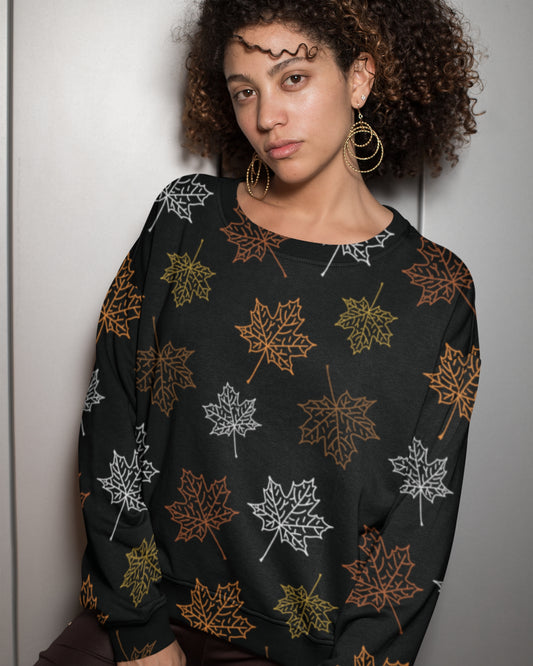 Women’s Polyester Sweatshirt | Regular Fit | Round Neck | Long Sleeve | MAPLE LEAF PATTERN