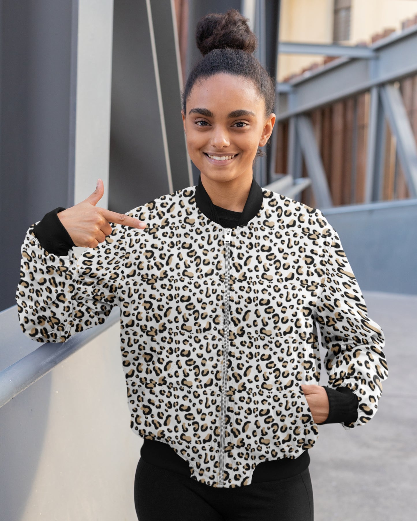 Women’s Polyester Bomber Jacket | Regular Fit | Zipper | Long Sleeve | LEOPARD PATTERN